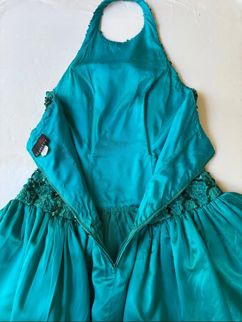 Vintage 80’s Sequin Party Dress Teal Bow Halter Bow Dropwaist Cocktail Dance 90’ - Picture 15 of 17